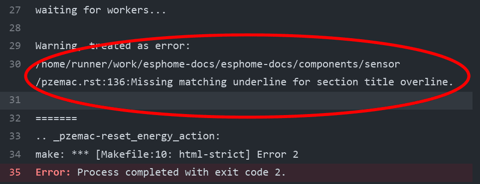 Log messages showing reason for failed build